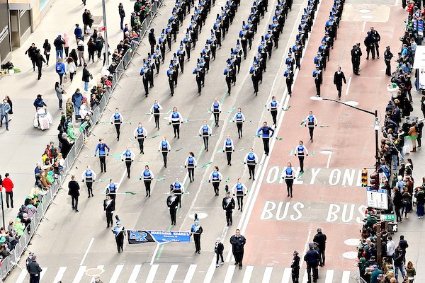 Sebastian River High School Marching Sharks at 2019 Saint Patrick's Day Parade. (Photo by Kevin McCormick / GroupPhotos.com)