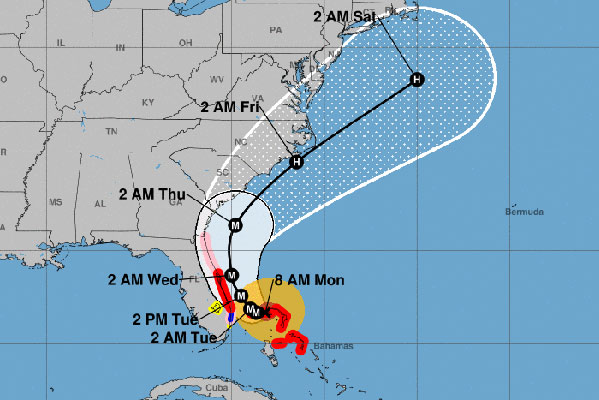 The current cone and projected path for Hurricane Dorian.