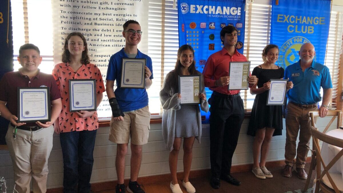 Pictured left to right: Noah Strater, Kyle Rice, Dominic Camus, Juleianna Delapaz, Dylan Weragoda, Sophia Foderaro, and Adam Preuss, Sebastian Exchange Club Student Coordinator