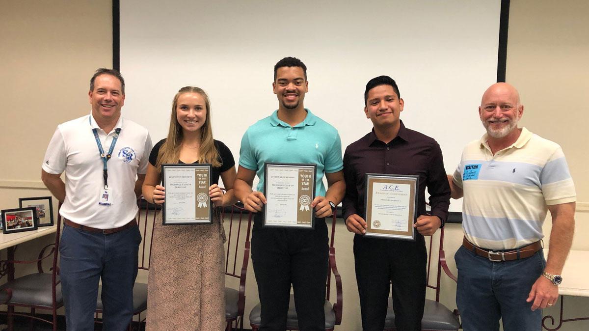 Pictured: Sebastian River High School Advisor Jaime Sturgeon, Remington Monnett, Jayden Hughes, Emanual Salas Nava, and Sebastian Exchange Club Student Coordinator Adam Preuss