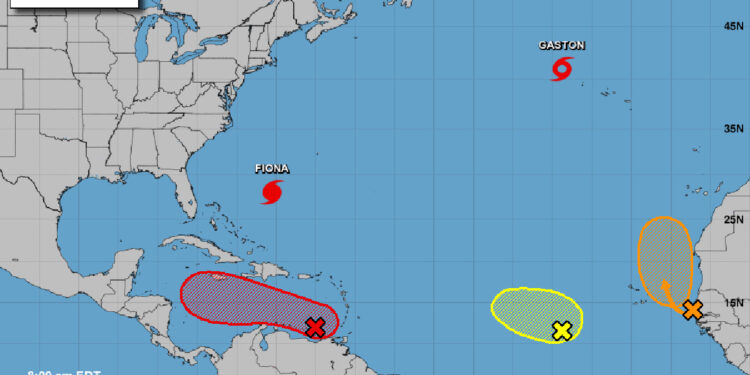 Current map of storms in the Atlantic and Caribbean Sea. (NOAA)