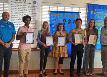 Pictured left to right: Sebastian Exchange Club Acting Student Coordinator Ali Qizilbash with Isaiah Cummings, Kathryn Bender, Grace DeVarney, Lawrence Kim, Morgan Ransom, and Sebastian Exchange Club President Fred Jones