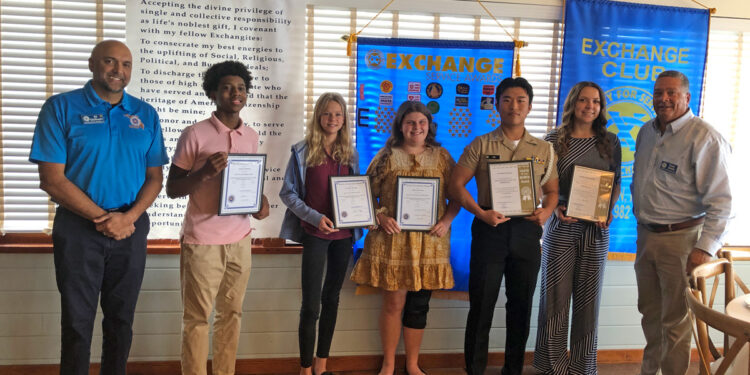 Pictured left to right: Sebastian Exchange Club Acting Student Coordinator Ali Qizilbash with Isaiah Cummings, Kathryn Bender, Grace DeVarney, Lawrence Kim, Morgan Ransom, and Sebastian Exchange Club President Fred Jones